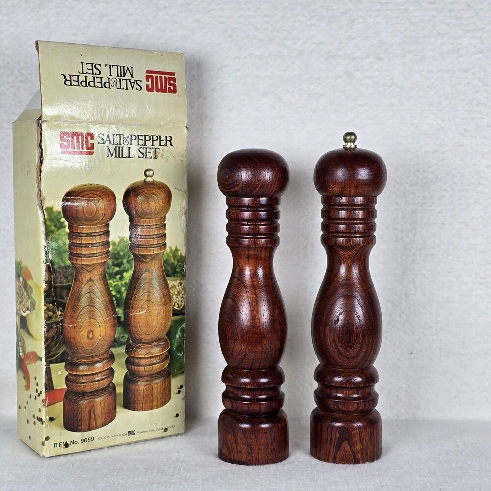 Vintage 10 Inch Wood Salt & Pepper Set Unused NIB